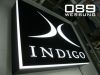 LED Leuchtasten Sonderanfertigung f�r INDIGO in M�nchen. Das Leuchtschild kann sowohl als einseitiges Wandschild, als auch als doppelseitiger Wandausleger verwendet werden.